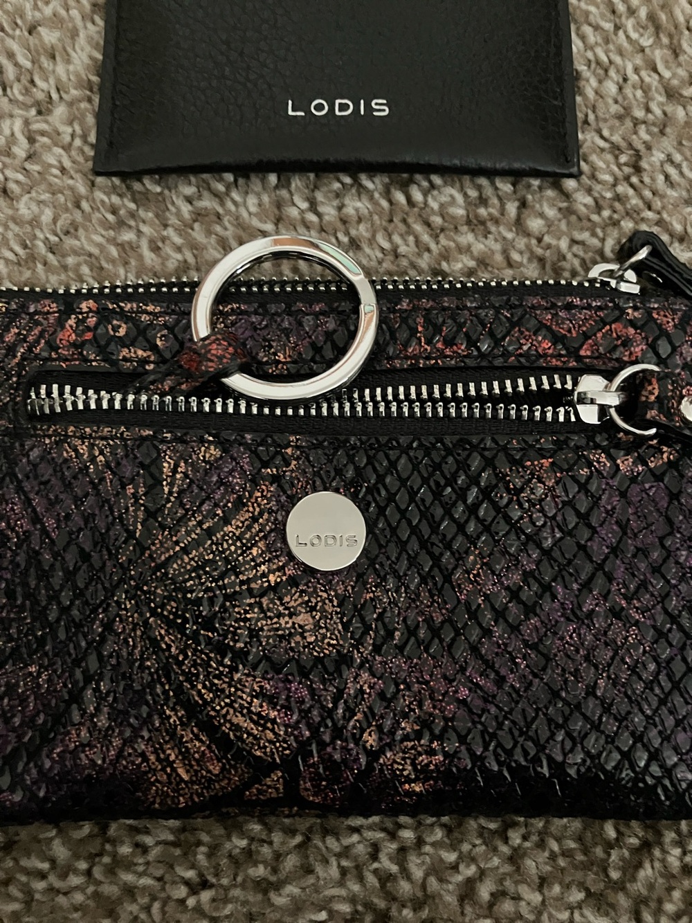 Lodis Leather Black and Purple Metallic Textured Clutch Wallet NEW